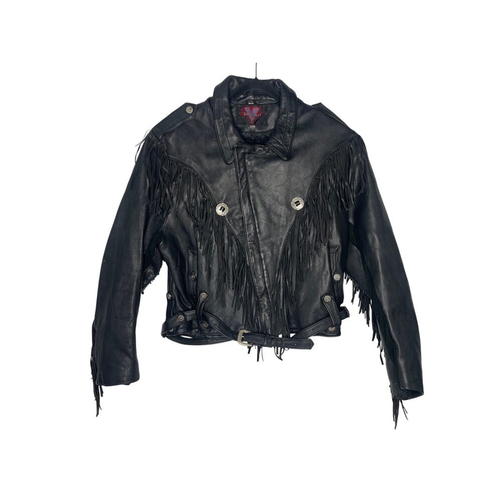 Verducci Black Leather Jacket Fringe Skulls VTG 80’s Size 40